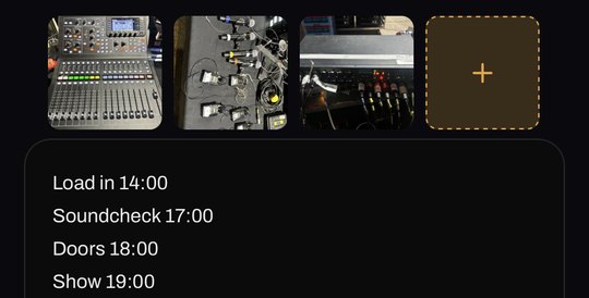 Riderline show notes with photos of the labelled mixer, the mic positions and the stagebox patch