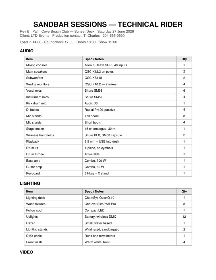 A printed AV equipment rider page listing gear by department