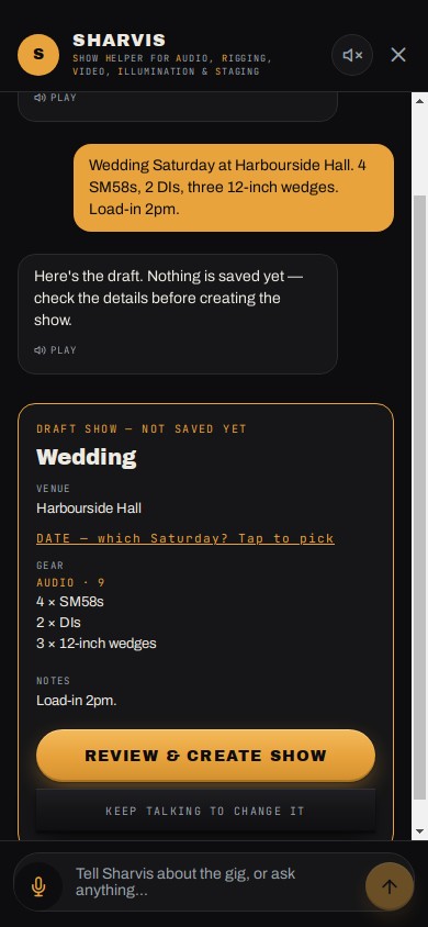 Sharvis drafting a show from a typed message