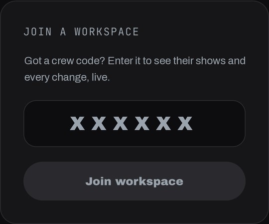 Riderline join-workspace screen where crew members type the shared code