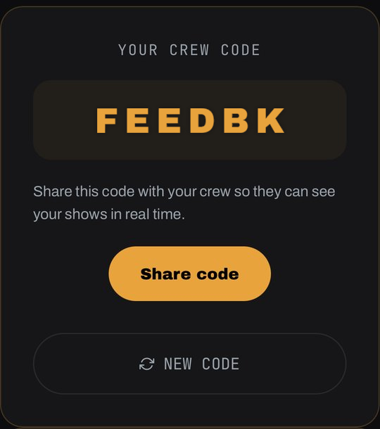 Riderline crew-code screen showing the code to share with your crew